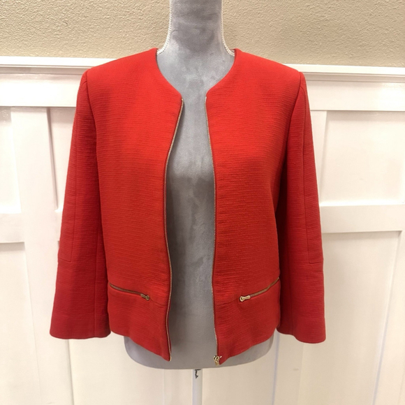 Sandro Women's Coral Red Colarless Blazer Jacket Size:40(US:M) Lined Pockets Zip - Picture 4 of 16